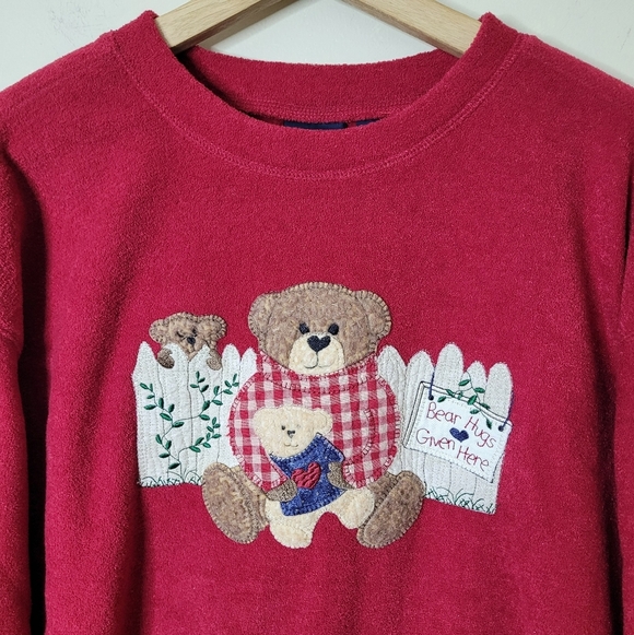 Vintage Bear Hugs Given Here Cozy Fleece Pullover Casual Grandmacore Wholesome L - Picture 3 of 7